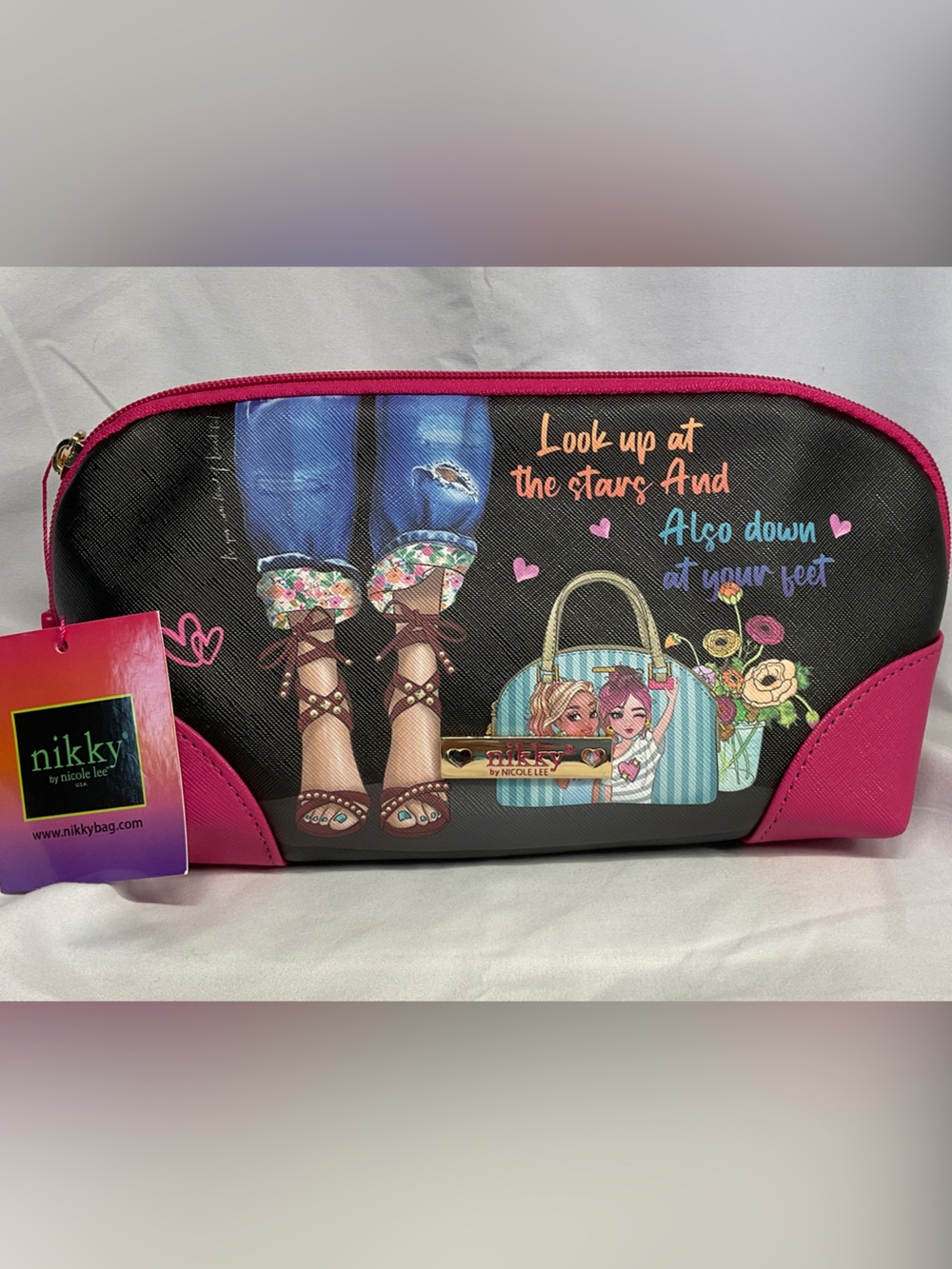 Nicole Lee Black & Pink Cosmetic Pouch with Graphic Print